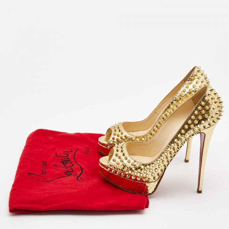 Pre Owned Christian Louboutin Gold Python Embossed Leather Lady Peep Spikes Pumps Size 40