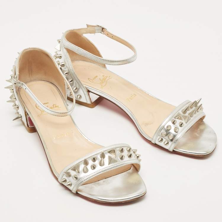 Pre Owned Christian Louboutin Silver Leather Druide Ankle Strap Sandals Size 38