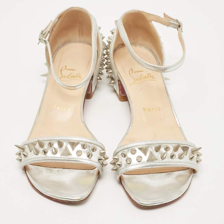 Pre Owned Christian Louboutin Silver Leather Druide Ankle Strap Sandals Size 38