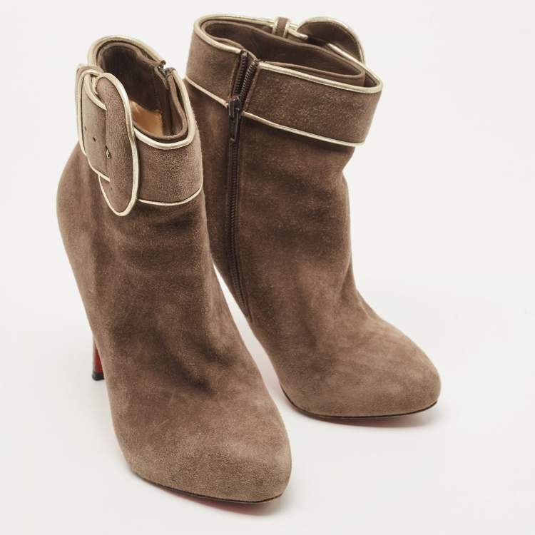 Pre Owned Christian Louboutin Brown Suede Trottinette Ankle Booties Size 39.5