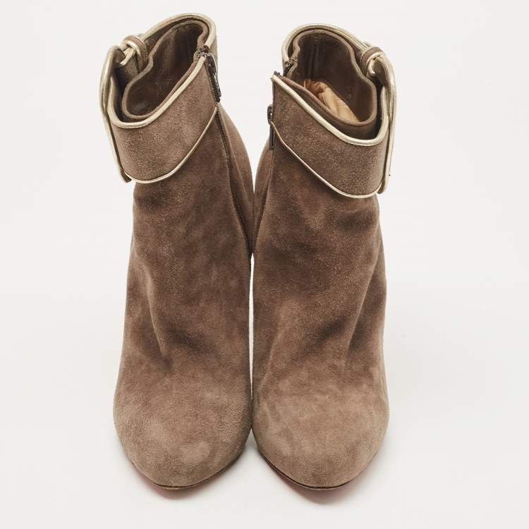 Pre Owned Christian Louboutin Brown Suede Trottinette Ankle Booties Size 39.5