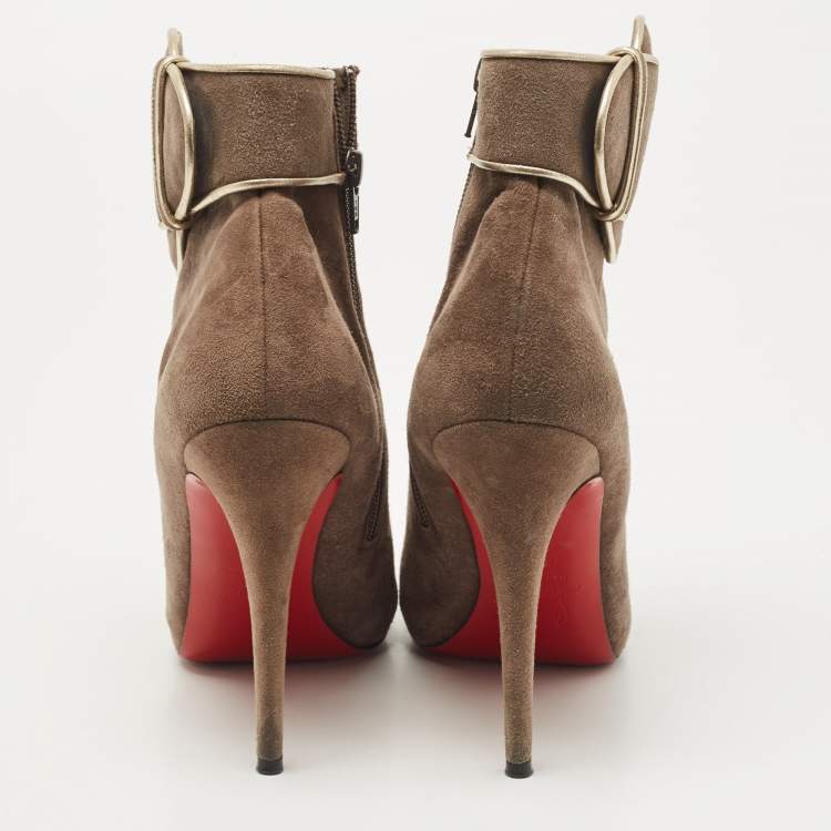 Pre Owned Christian Louboutin Brown Suede Trottinette Ankle Booties Size 39.5