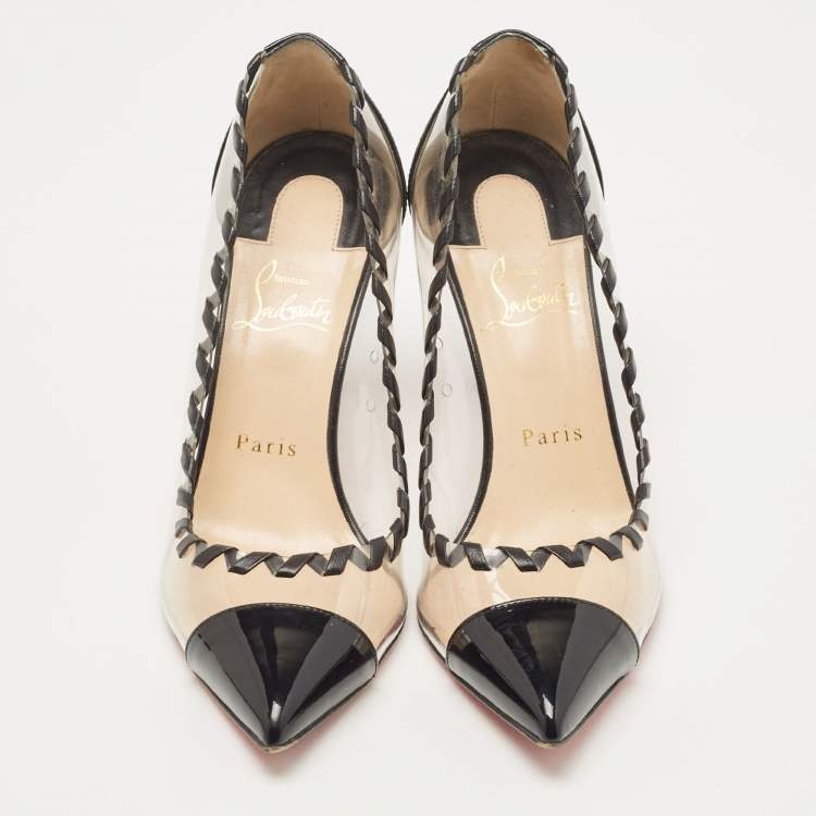 Pre Owned Christian Louboutin Black  PVC and Patent Leather Lizabeth Pointed Toe  Pumps Size 38.5