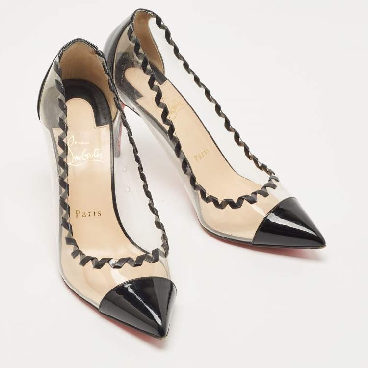 Pre Owned Christian Louboutin Black  PVC and Patent Leather Lizabeth Pointed Toe  Pumps Size 38.5