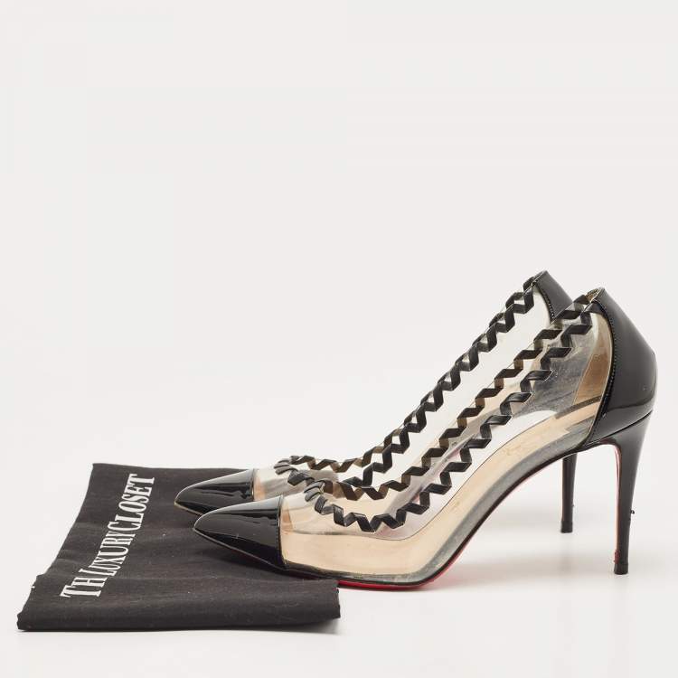 Pre Owned Christian Louboutin Black  PVC and Patent Leather Lizabeth Pointed Toe  Pumps Size 38.5