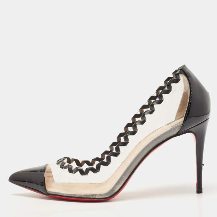 Pre Owned Christian Louboutin Black  PVC and Patent Leather Lizabeth Pointed Toe  Pumps Size 38.5