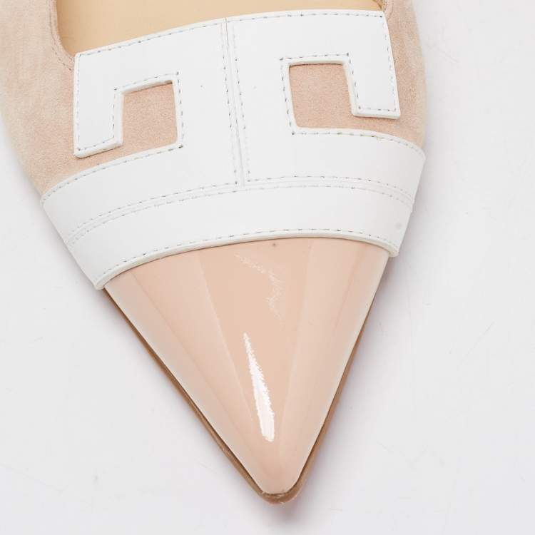 Pre Owned Christian Louboutin Light Pink/White Suede and Leather Pointed Toe Ballet Flats Size 40