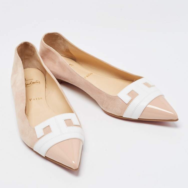 Pre Owned Christian Louboutin Light Pink/White Suede and Leather Pointed Toe Ballet Flats Size 40