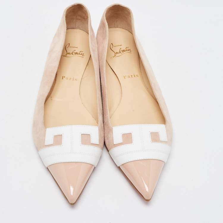 Pre Owned Christian Louboutin Light Pink/White Suede and Leather Pointed Toe Ballet Flats Size 40