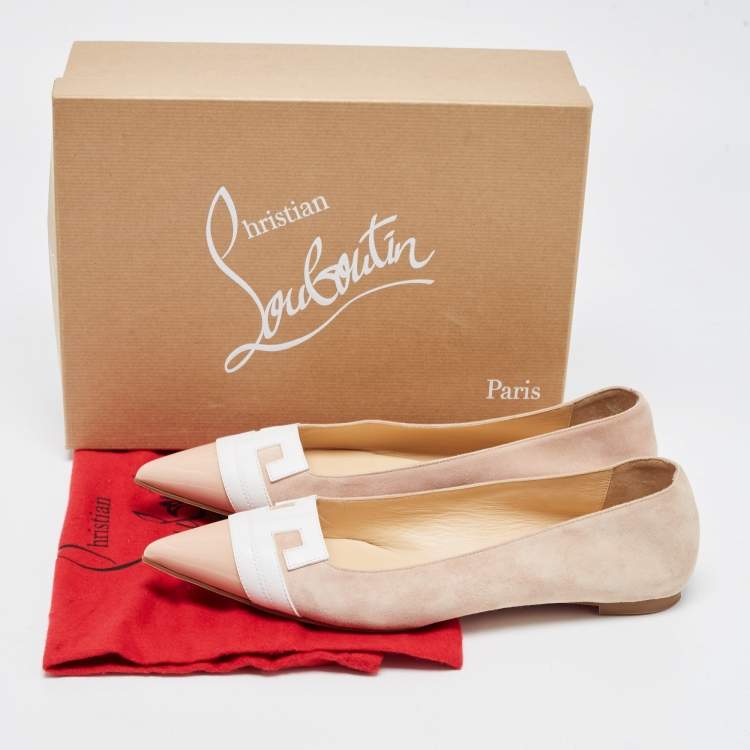 Pre Owned Christian Louboutin Light Pink/White Suede and Leather Pointed Toe Ballet Flats Size 40