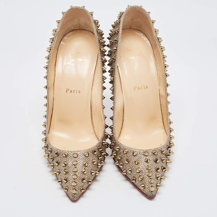 Pre Owned Christian Louboutin Metallic Glitter Fabric Follies Spikes Pumps Size 40