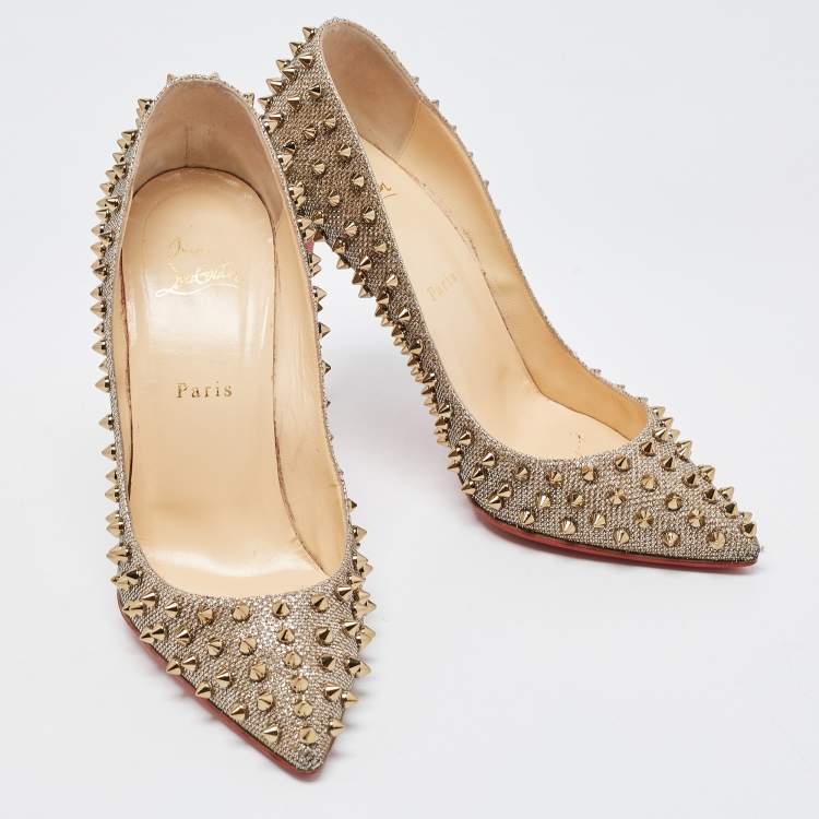 Pre Owned Christian Louboutin Metallic Glitter Fabric Follies Spikes Pumps Size 40