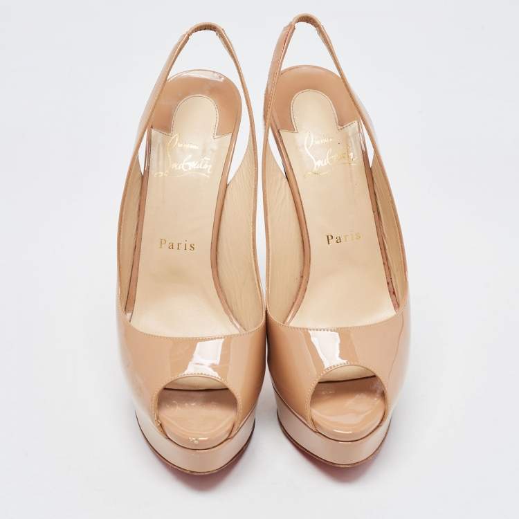 Pre Owned Christian Louboutin Beige Patent Leather Lady Peep Slingback Pumps Size 39