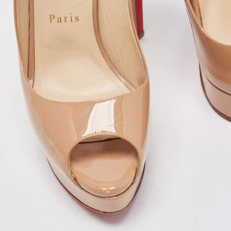 Pre Owned Christian Louboutin Beige Patent Leather Lady Peep Slingback Pumps Size 39
