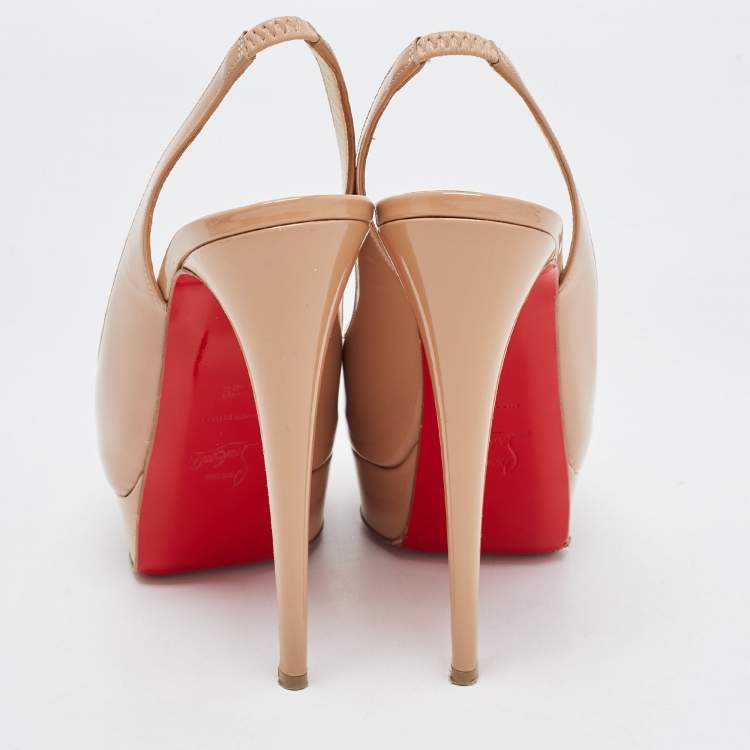 Pre Owned Christian Louboutin Beige Patent Leather Lady Peep Slingback Pumps Size 39