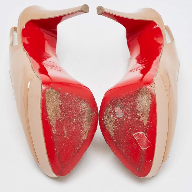 Pre Owned Christian Louboutin Beige Patent Leather Lady Peep Slingback Pumps Size 39