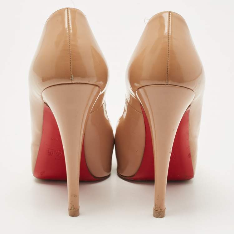 Pre Owned Christian Louboutin Beige Patent Leather Very Prive Peep Toe Platform Pumps Size 37