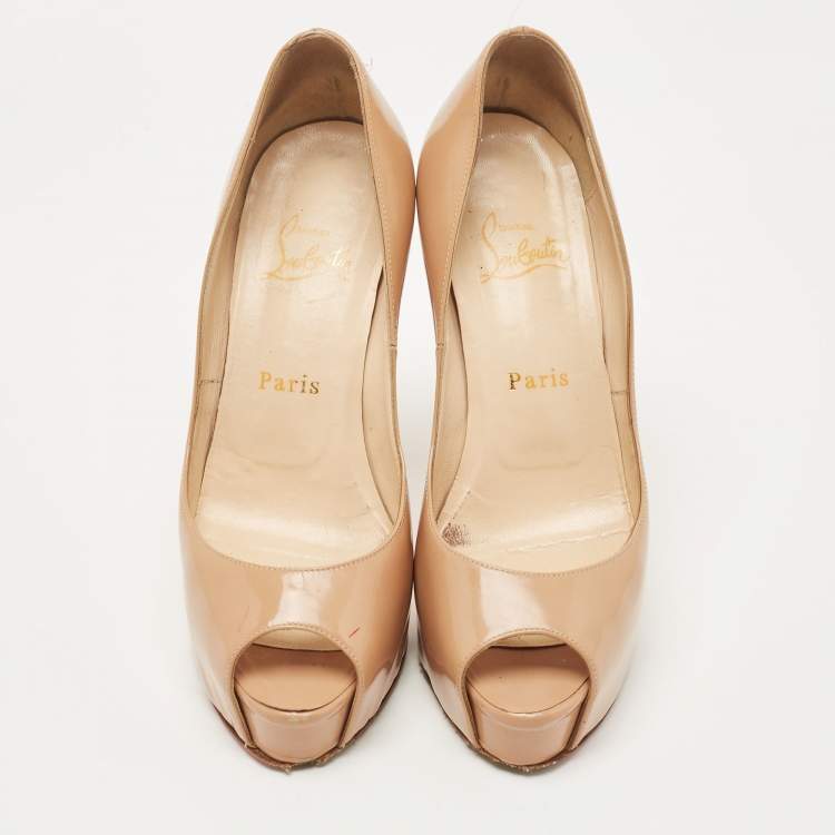 Pre Owned Christian Louboutin Beige Patent Leather Very Prive Peep Toe Platform Pumps Size 37
