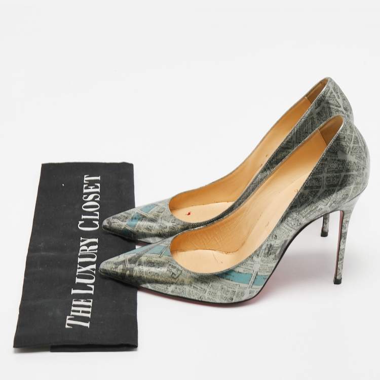 Pre Owned Christian Louboutin Metallic Grey Paris Map Print Leather Kate Pumps Size 37.5