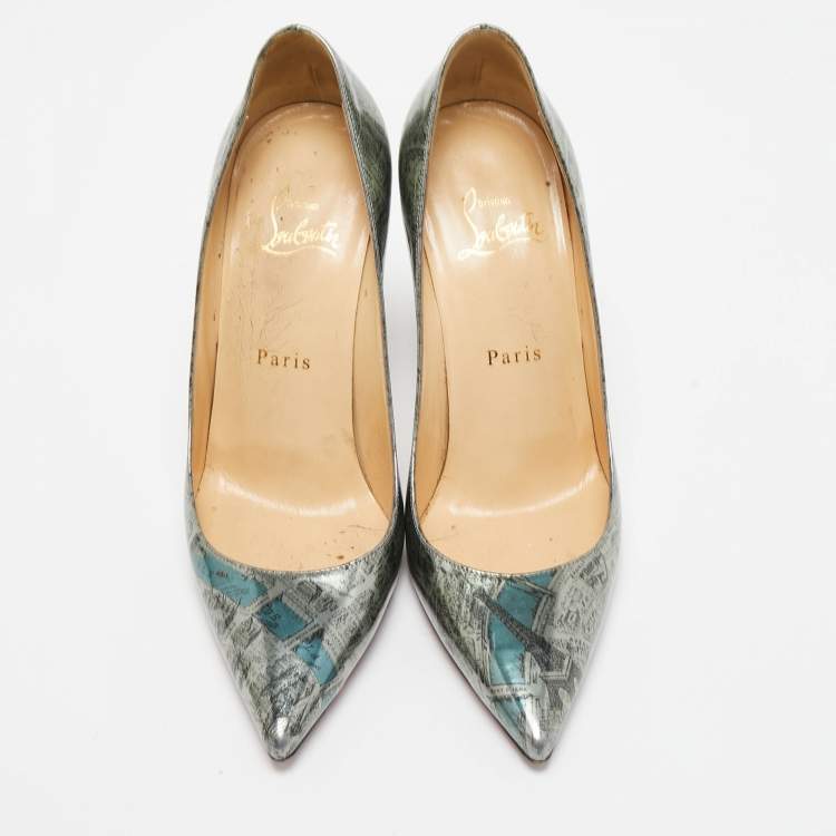 Pre Owned Christian Louboutin Metallic Grey Paris Map Print Leather Kate Pumps Size 37.5