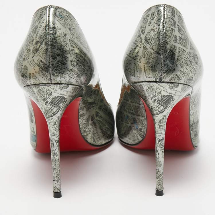 Pre Owned Christian Louboutin Metallic Grey Paris Map Print Leather Kate Pumps Size 37.5