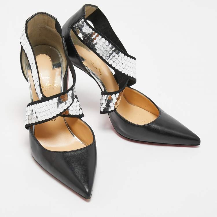 Pre Owned Christian Louboutin Black Leather Jeres Cross Strap Pumps Size 37