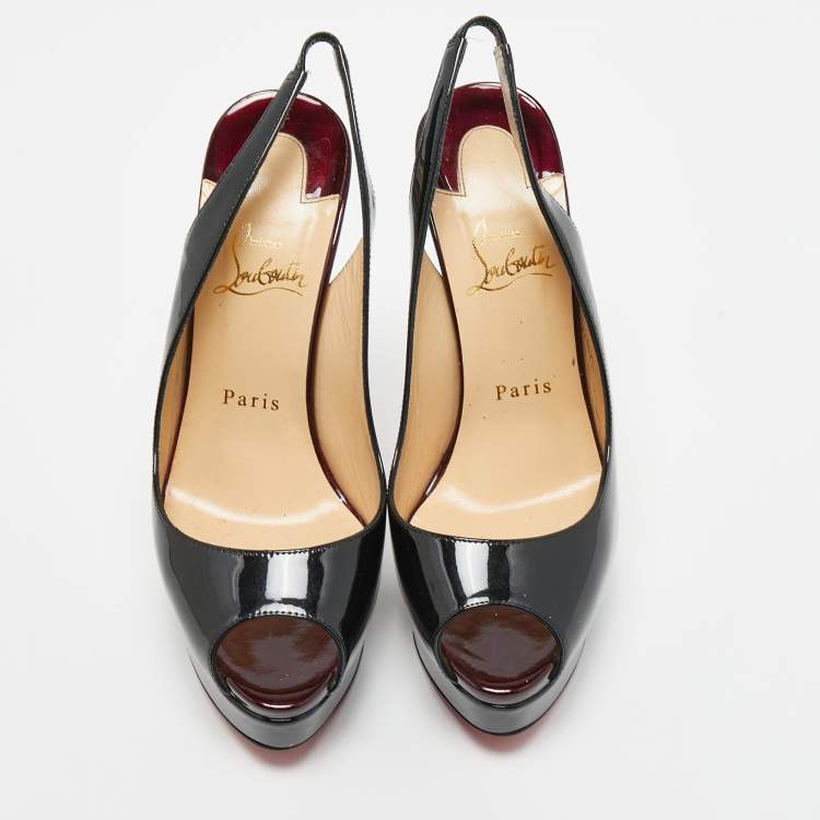 Pre Owned Christian Louboutin Black Patent Leather Lady Peep Slingback Pumps Size 38.5
