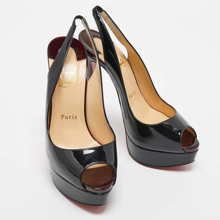 Pre Owned Christian Louboutin Black Patent Leather Lady Peep Slingback Pumps Size 38.5