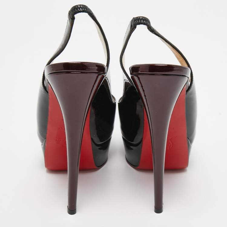 Pre Owned Christian Louboutin Black Patent Leather Lady Peep Slingback Pumps Size 38.5