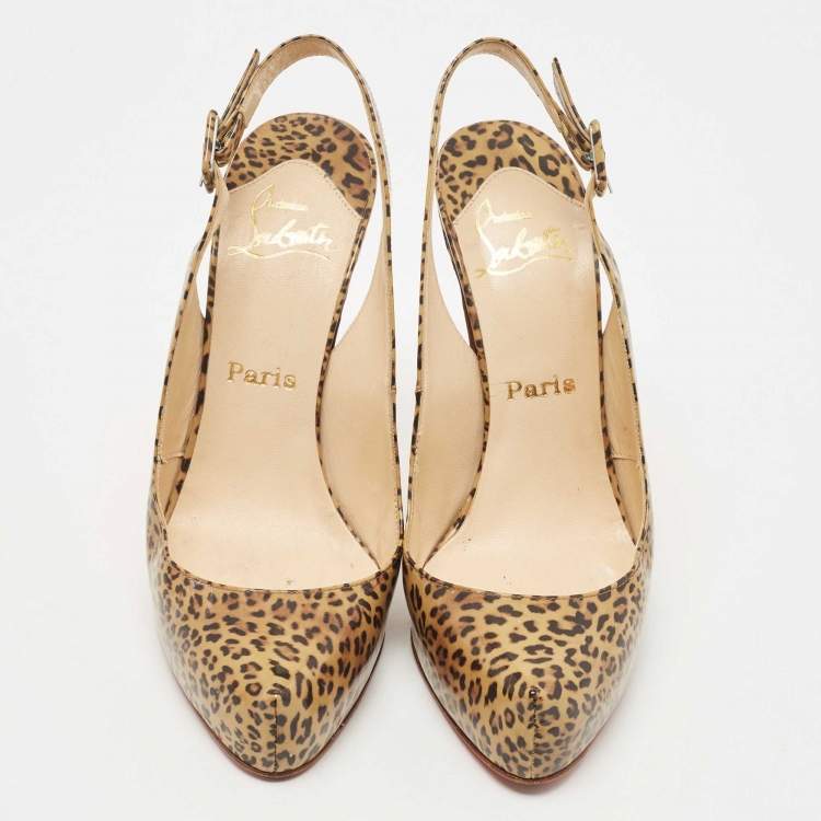 Pre Owned Christian Louboutin Brown/Black Animal Print Leather Slingback Pumps Size 38.5