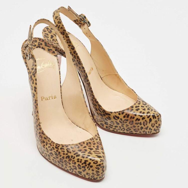 Pre Owned Christian Louboutin Brown/Black Animal Print Leather Slingback Pumps Size 38.5