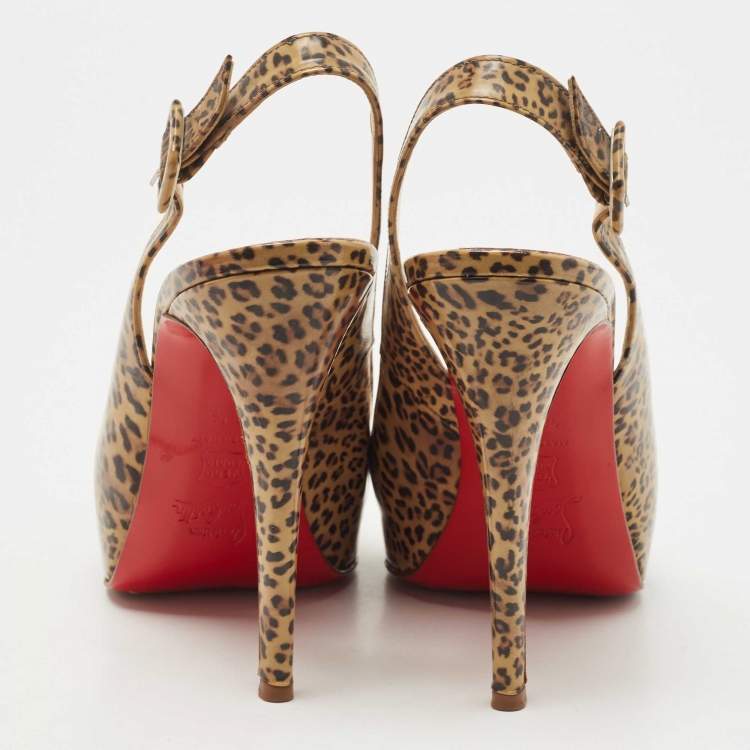 Pre Owned Christian Louboutin Brown/Black Animal Print Leather Slingback Pumps Size 38.5