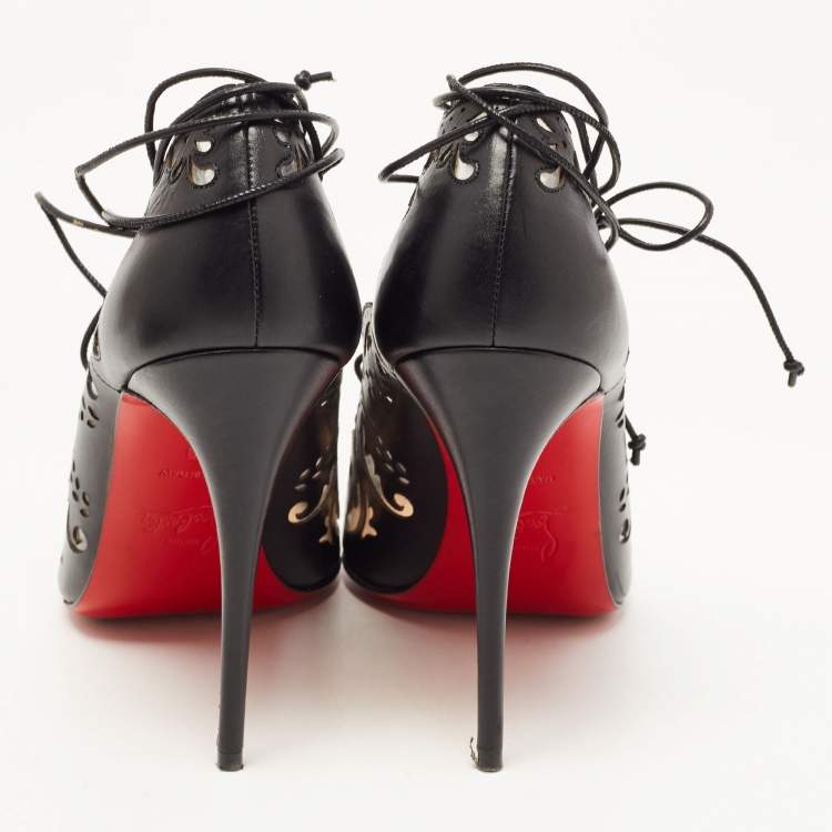 Pre Owned Christian Louboutin Black Leather and PVC Impera Ankle Tie Pumps Size 38