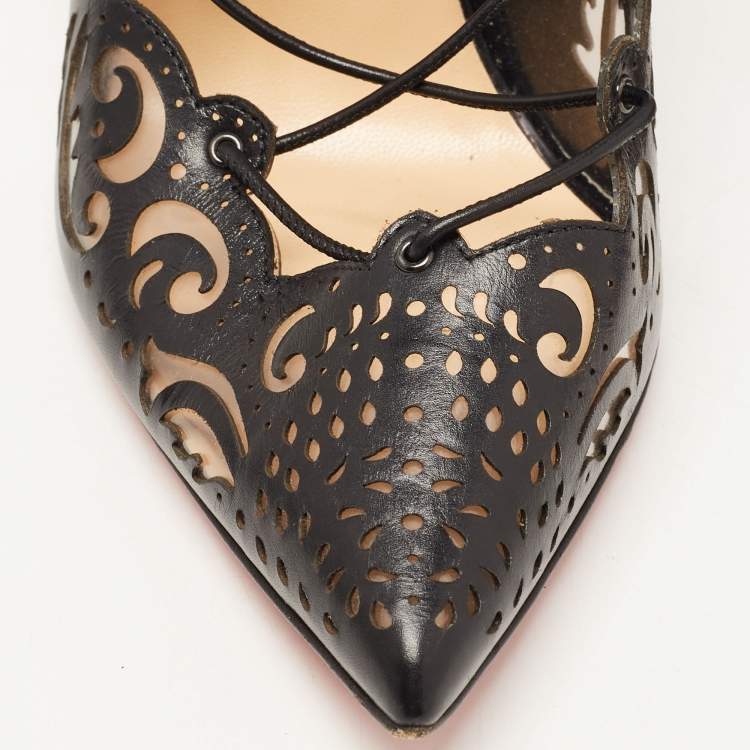 Pre Owned Christian Louboutin Black Leather and PVC Impera Ankle Tie Pumps Size 38