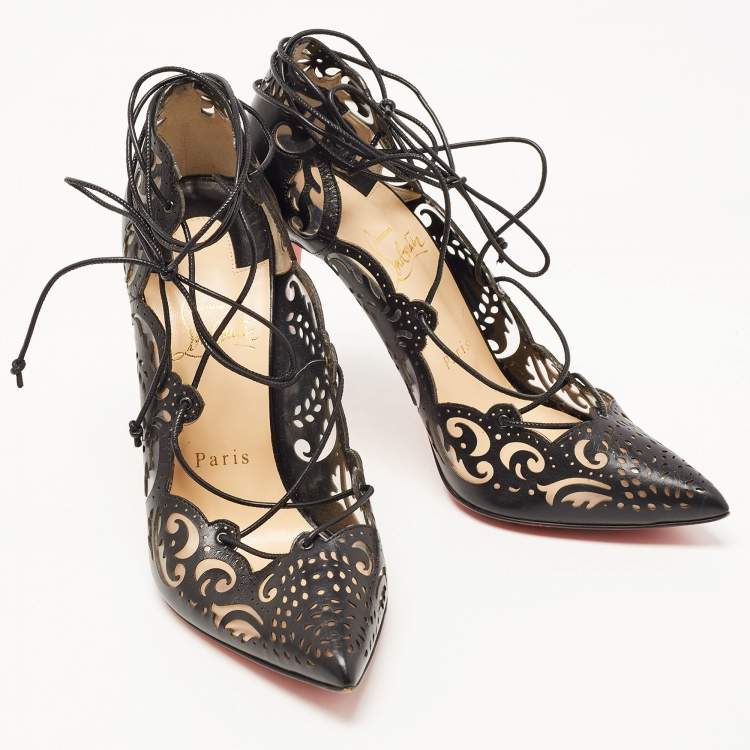 Pre Owned Christian Louboutin Black Leather and PVC Impera Ankle Tie Pumps Size 38