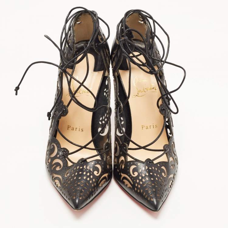 Pre Owned Christian Louboutin Black Leather and PVC Impera Ankle Tie Pumps Size 38