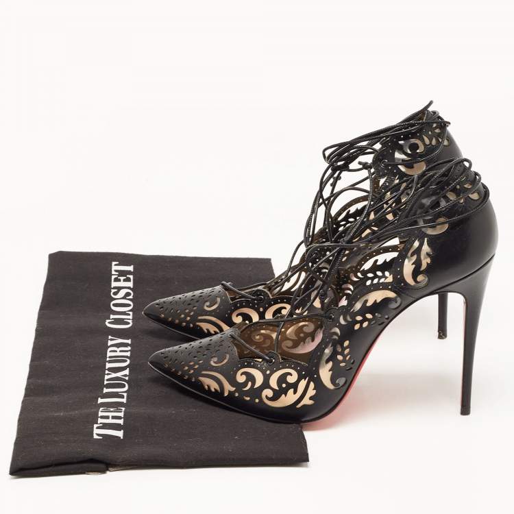 Pre Owned Christian Louboutin Black Leather and PVC Impera Ankle Tie Pumps Size 38