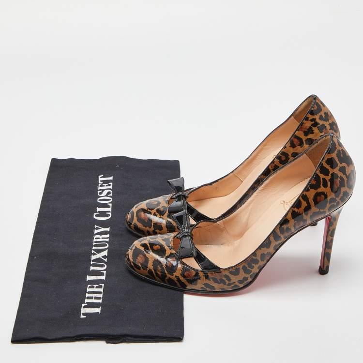 Pre Owned Christian Louboutin Brown/Black Animal Print Patent Leather Bow Pumps Size 37