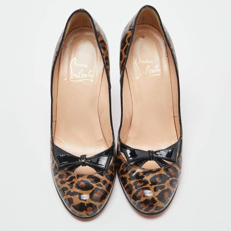 Pre Owned Christian Louboutin Brown/Black Animal Print Patent Leather Bow Pumps Size 37