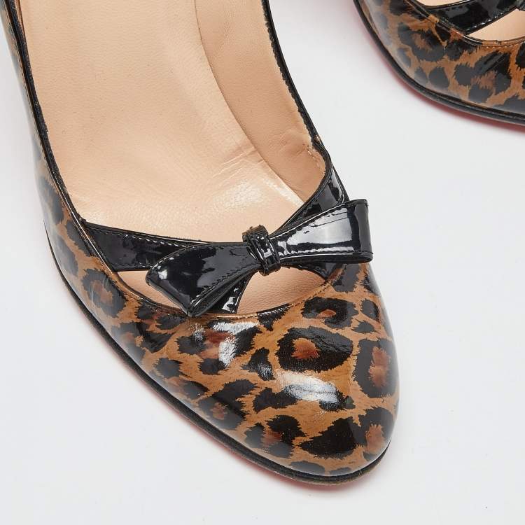 Pre Owned Christian Louboutin Brown/Black Animal Print Patent Leather Bow Pumps Size 37