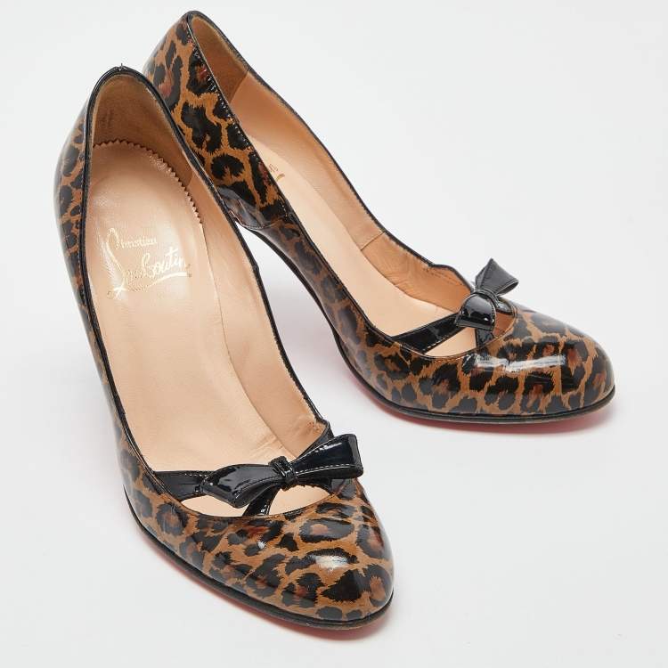 Pre Owned Christian Louboutin Brown/Black Animal Print Patent Leather Bow Pumps Size 37