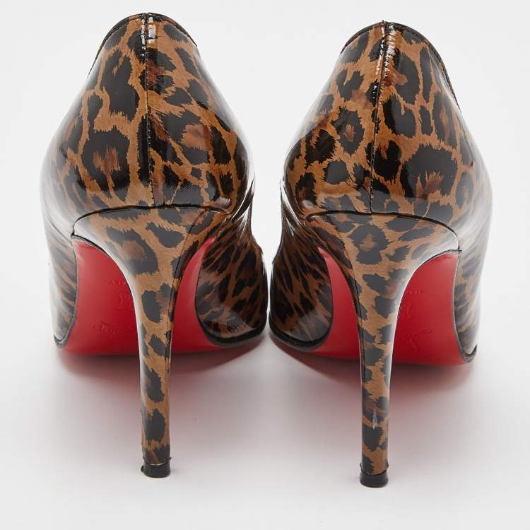 Pre Owned Christian Louboutin Brown/Black Animal Print Patent Leather Bow Pumps Size 37