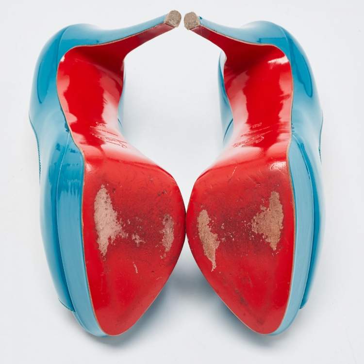 Pre Owned Christian Louboutin Turquoise Patent Leather Lady Peep Toe Platform Pumps Size 39