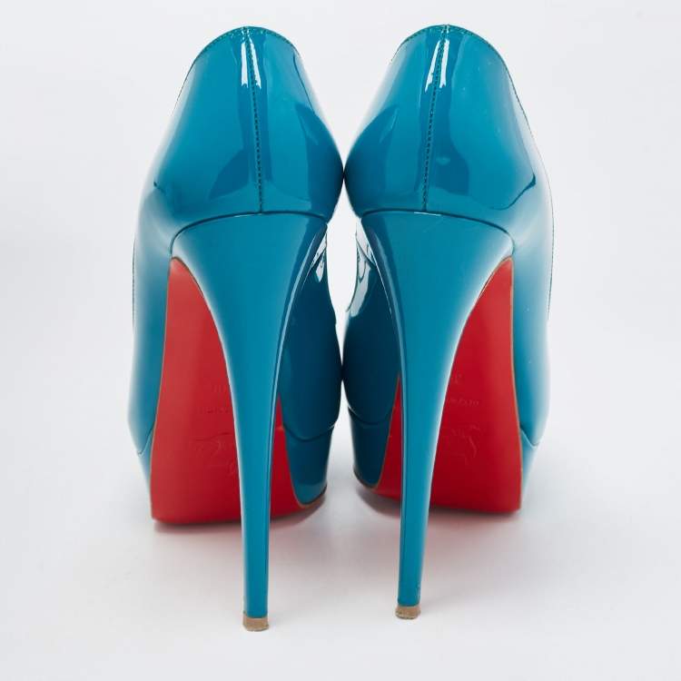 Pre Owned Christian Louboutin Turquoise Patent Leather Lady Peep Toe Platform Pumps Size 39