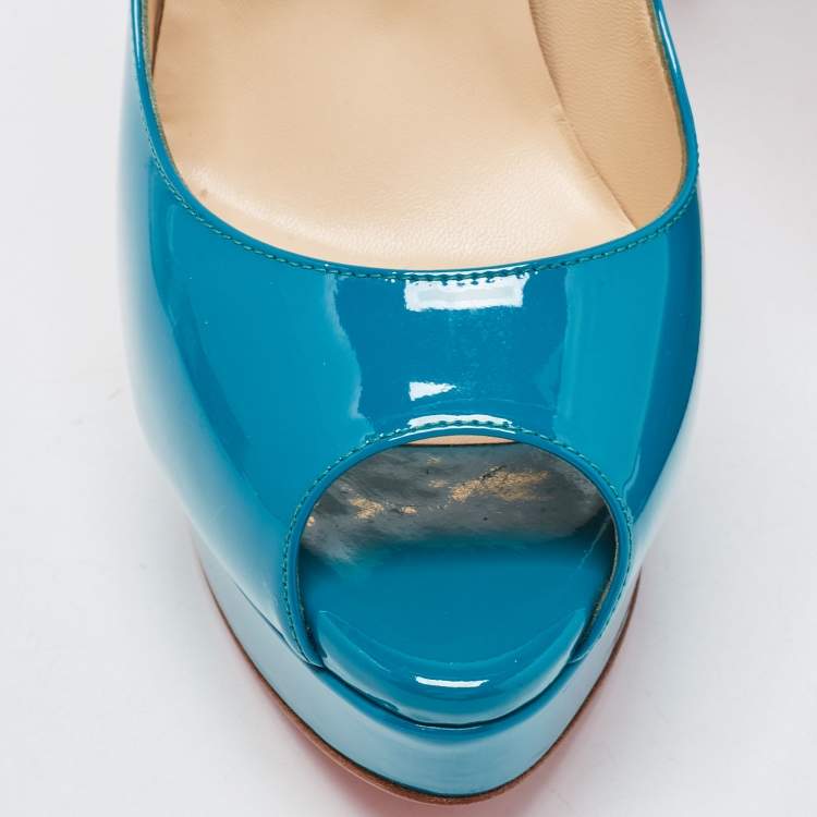 Pre Owned Christian Louboutin Turquoise Patent Leather Lady Peep Toe Platform Pumps Size 39