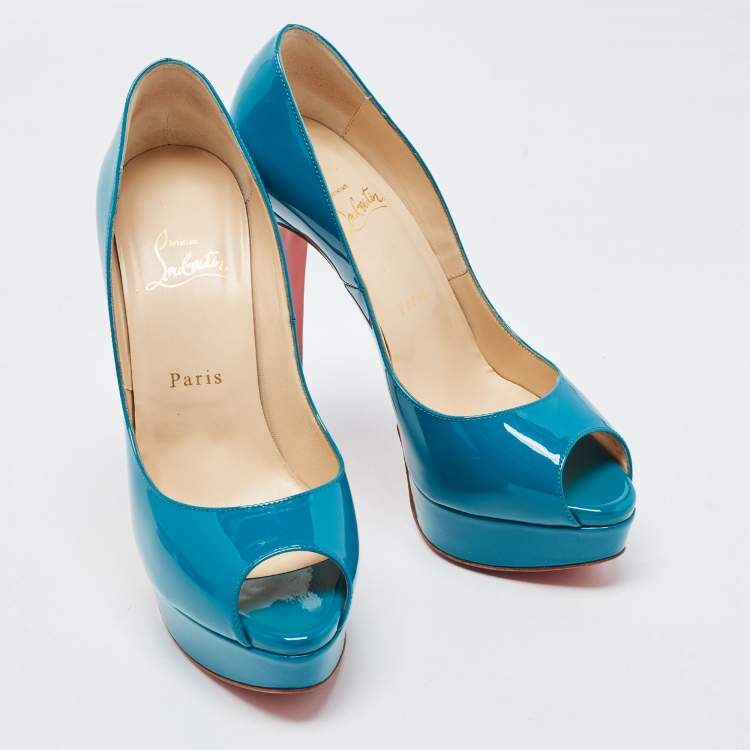 Pre Owned Christian Louboutin Turquoise Patent Leather Lady Peep Toe Platform Pumps Size 39