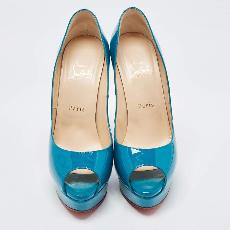 Pre Owned Christian Louboutin Turquoise Patent Leather Lady Peep Toe Platform Pumps Size 39