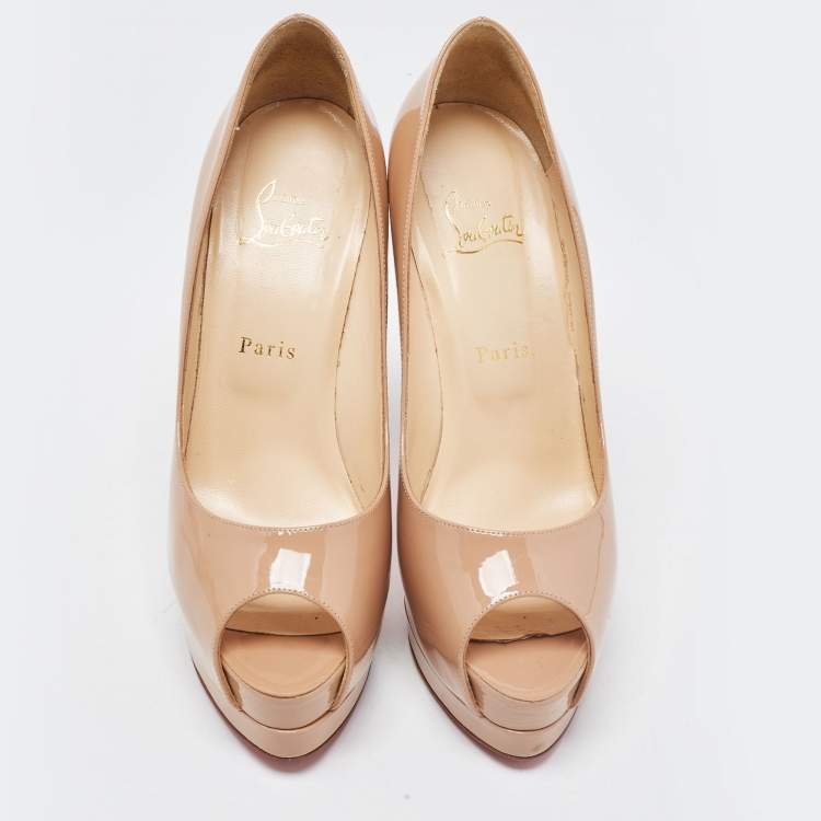 Pre Owned Christian Louboutin Beige Patent Leather Altadama Peep Toe Platform Pumps Size 39.5