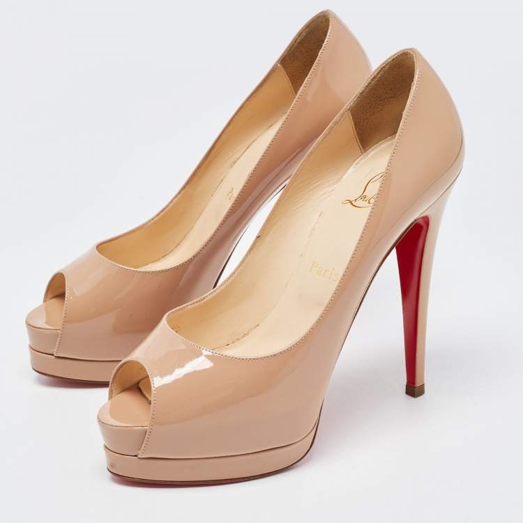 Pre Owned Christian Louboutin Beige Patent Leather Altadama Peep Toe Platform Pumps Size 39.5