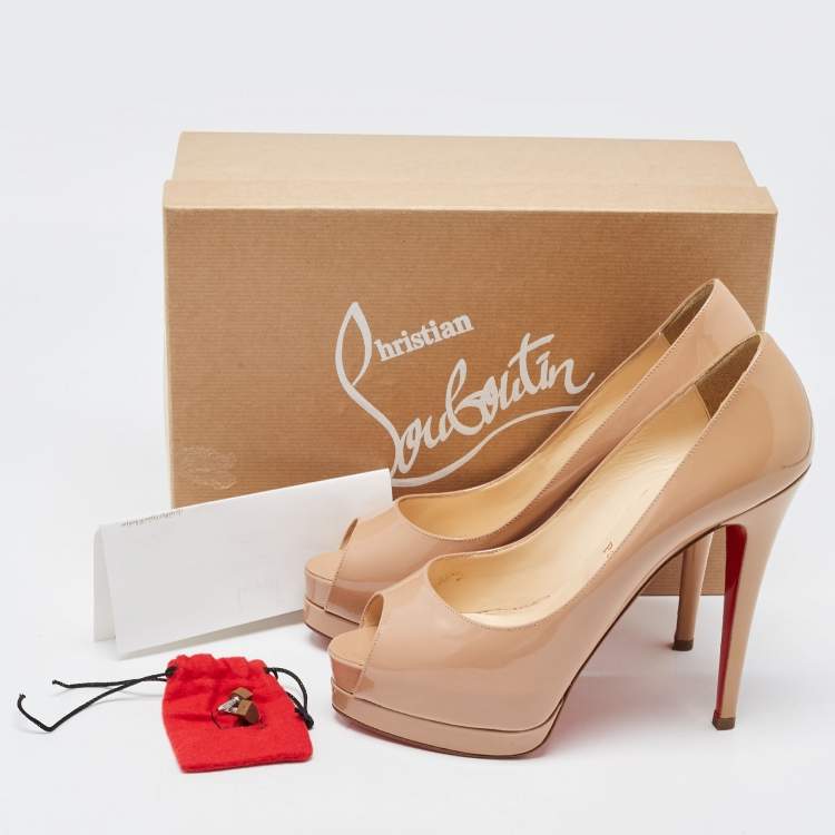 Pre Owned Christian Louboutin Beige Patent Leather Altadama Peep Toe Platform Pumps Size 39.5
